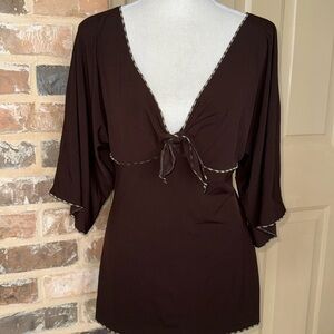 Max Studio Chocolate Brown Knot Surplice Neck Bell Sleeve Top Contrast Trim Sz S
